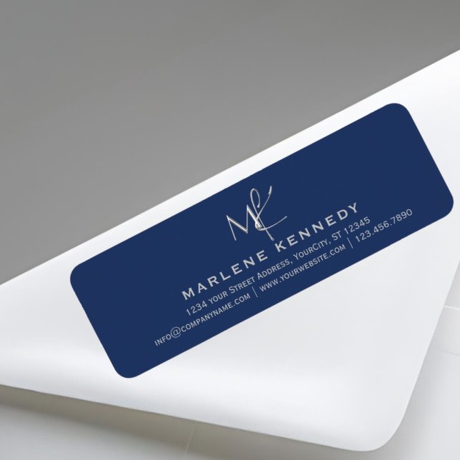Elegante Silver Monogram Navy Blue Rücksendeadress (Von Creator hochgeladen)