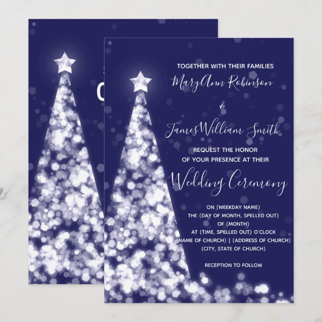 Elegante Silver Navy Weihnachtsbaum Hochzeit Einladung (Vorne/Hinten)