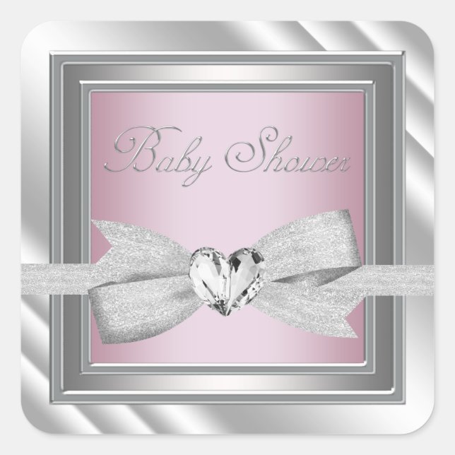 Elegante Silver Pink Baby Shower Stickers (Vorderseite)