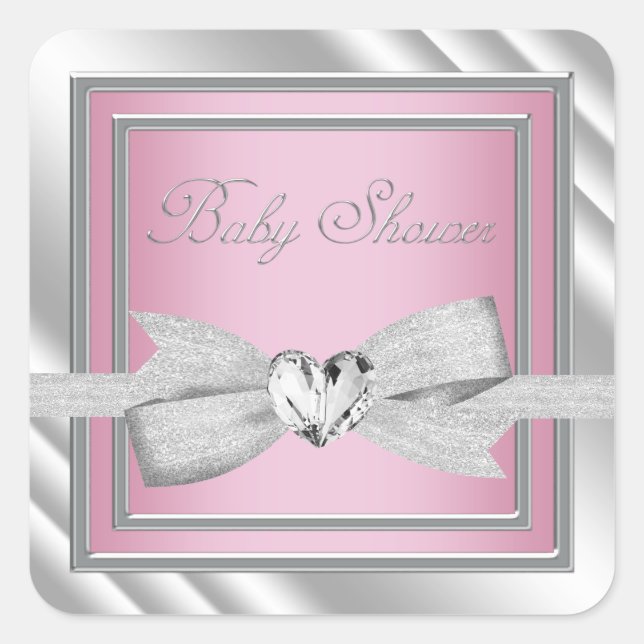 Elegante Silver Pink Baby Shower Stickers (Vorderseite)