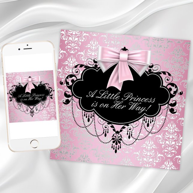 Elegante Silver Pink Black Princess Baby Dusche Einladung (Pink and black baby shower invitation. Add your text to front and back. Download and printed.)