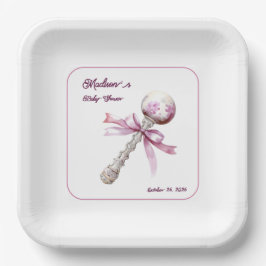 Elegante Silver Pink Rattle Bow Baby Shower Pappteller
