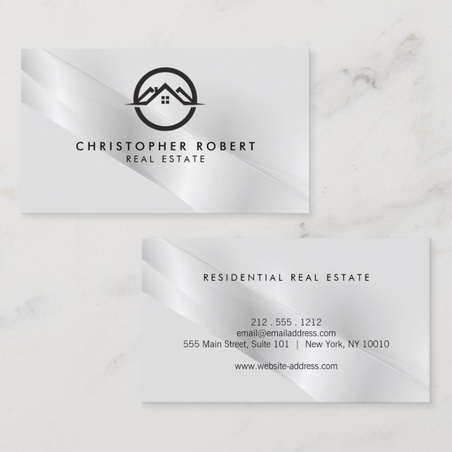 Elegante Silver Real Anwesen Business Card Visitenkarte (Vorne/Hinten)