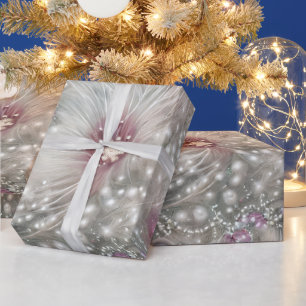 Elegante Silver & Red Bead Pearl Weihnachtsblume Geschenkpapier