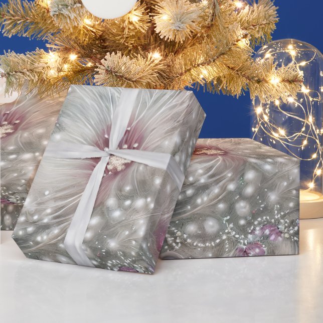Elegante Silver & Red Bead Pearl Weihnachtsblume Geschenkpapier (Feiertage)