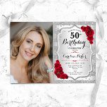 Elegante Silver Rote Rosen Foto 50. Geburtstag Einladung<br><div class="desc">Elegante florale feminine 50. Geburtstagseinladung mit Ihrem Foto. Glam-Design mit Imitaten Glitzer Silber. Enthält Streifen,  rote Rosen,  Skript-Schriftart und Konfetti. Ideal für ein stilvolles Party für Erwachsene. Personalisieren Sie Ihre persönlichen Daten. Kann für jedes Alter angepasst werden! Gedruckte Zazzle Einladungen oder Sofortdownload digitalen druckbaren Vorlage.</div>