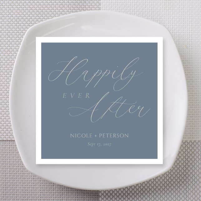 Elegante Silver Script Slate Gray Wedding Serviette (Slate grey napkin, "Happily Ever After" in silver flourish calligraphy, personalized names)