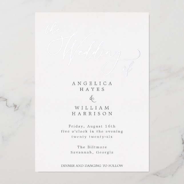 ELEGANTE SILVER SCRIPT WEDING INVITATION | MINIMAL FOLIENEINLADUNG (Vorderseite)