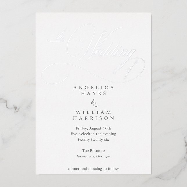 ELEGANTE SILVER SCRIPT WEDING INVITATION | MINIMAL FOLIENEINLADUNG (Vorderseite)