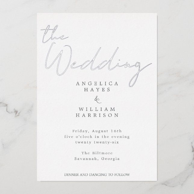 ELEGANTE SILVER SCRIPT WEDING INVITATION | MINIMAL FOLIENEINLADUNG (Vorderseite)