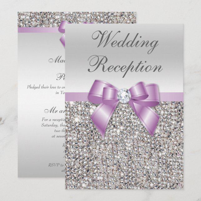 Elegante Silver Sequins Lilac Bow Wedding Receptio Einladung (Vorne/Hinten)