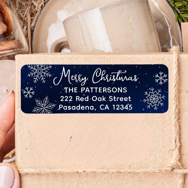 Elegante Silver Snowflakes on Night Blue Christmas (Snowflakes add a touch of sparkle, creating an elegant label for your Christmas envelopes or package)