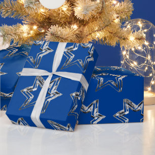 Elegante Silver Stars Muster Blau Weihnachten Geschenkpapier