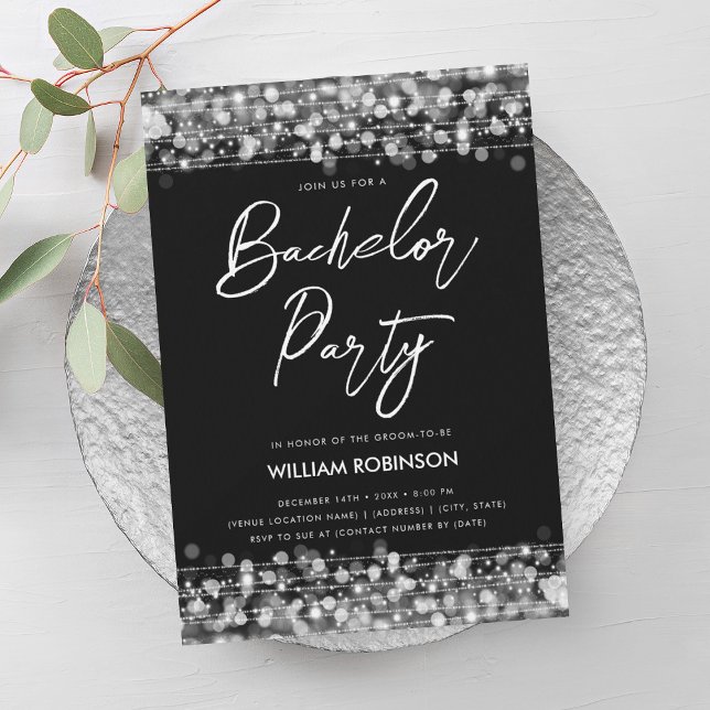 Elegante Silver String Lights Bachelor Party Einladung (Elegant Silver String Lights Bachelor Party Invitation)