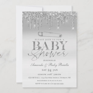 Elegante Silver Tropfen Safety Button Baby Shower Einladung