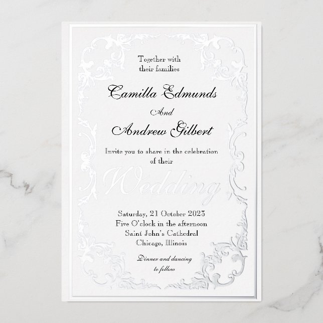Elegante Silver Verziert Blüh Border Wedding Folieneinladung (Vorderseite)