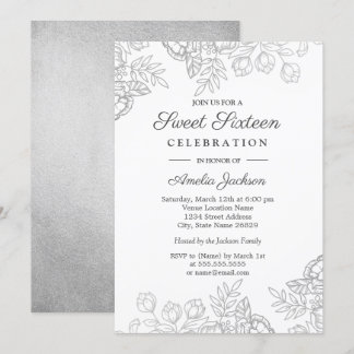 Elegante Silver Vintag Floral 16 . Geburtstag Einl Einladung