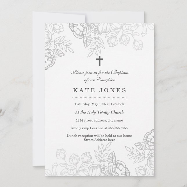 Elegante Silver Vintag Floral Taufe einladen Einladung (Vorderseite)