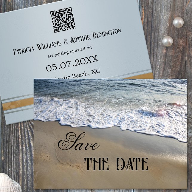 Elegante Simple Beach Save the Date Card Einladung (Save the Date card featuring waves on the beach on the front and a dusty blue design on the back)