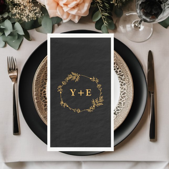 Elegante Simple Black Gold Mit Monogramm Wedding Serviette (Von Creator hochgeladen)