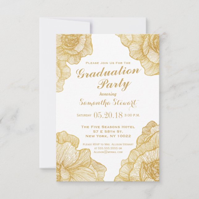 Elegante Simple Gold Floral Graduation Party Einla Einladung (Vorderseite)