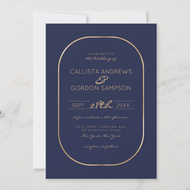 Elegante Simple Navy Blue Gold Oval Border Wedding Einladung (Vorderseite)