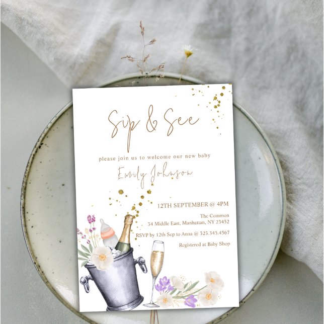 Elegante Sip & See Champagne Flasche Baby Dusche Einladung (Elegant Sip & See Champagne Bottle Baby Shower Invitation)