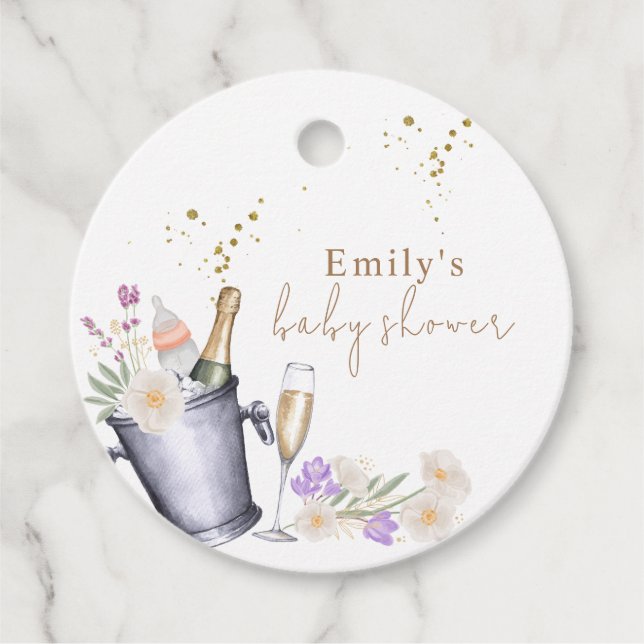 Elegante Sip & See Champagne Flasche Baby Dusche Geschenkanhänger (Vorderseite)