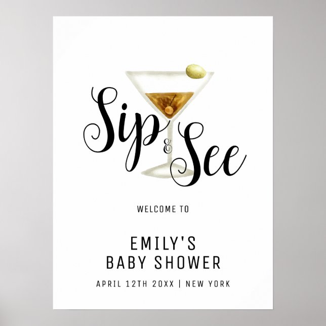 Elegante Sip & See Martini Babydusche Willkommen Poster (Vorne)