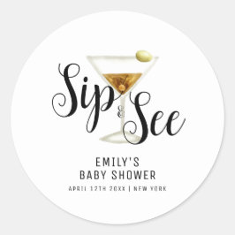 Elegante Sip & See Martini Cocktail Babydusche Runder Aufkleber