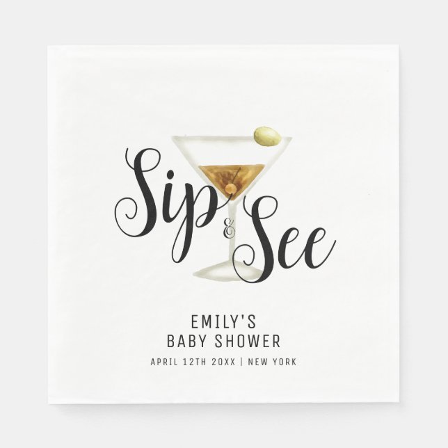 Elegante Sip & See Martini Cocktail Babydusche Serviette (Vorderseite)