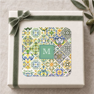 Elegante sizilianische mediterrane grüne Fliesen Quadratischer Aufkleber