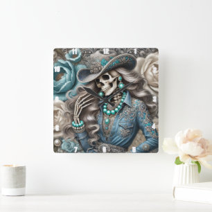 Elegante Skeleton Portrait Floral Hintergrund Quadratische Wanduhr