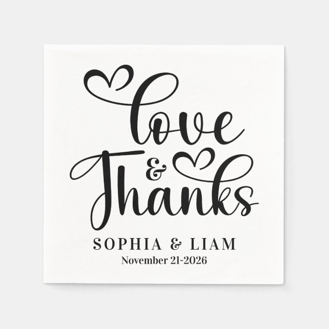 Elegante Skript-Liebe- und Dankes-Hochzeit Serviette (Vorderseite)