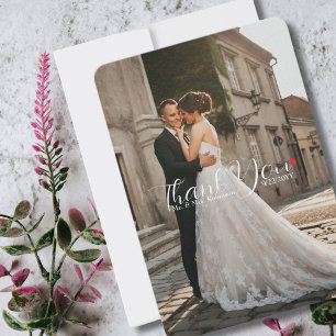 Elegante Skript-Liebesherz-Hochzeitsfoto Dankeskarte