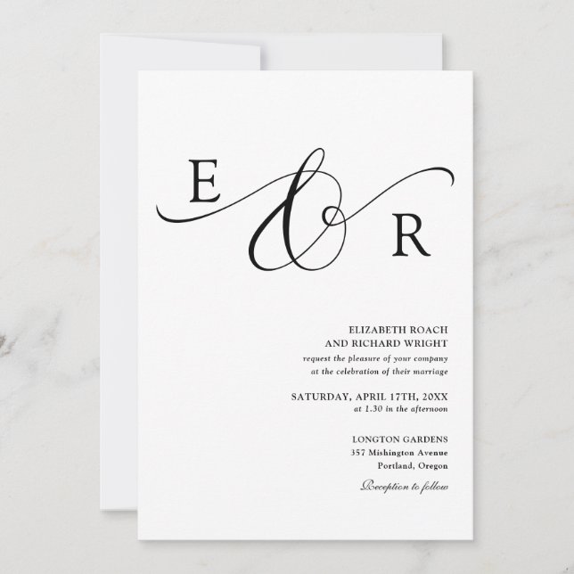 Elegante Skript-Monogramm-Schwarz-Weiß-Hochzeit Einladung (Vorderseite)