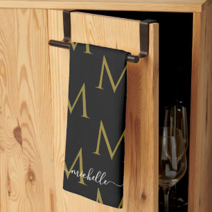 Elegante Skript Name Vorlagen Monogramm Schwarz &  Geschirrtuch