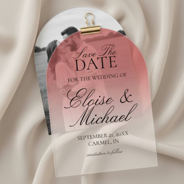 Elegante Skript-Rose, die Hochzeit ablegt, speiche Acryleinladungen (Invite guests to mark their calendars with this Elegant Script Gradient Wedding Acrylic Invitation!)