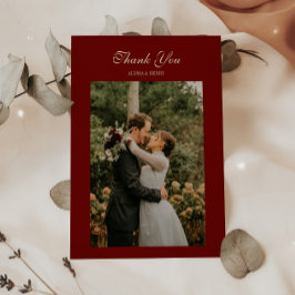 Elegante Skript Weinrote Hochzeitsfoto Dankeskarte