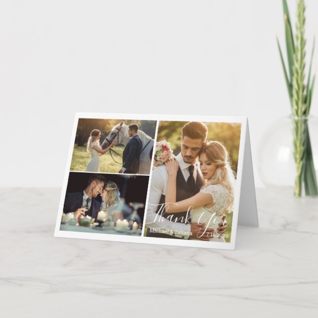 elegante Skripthochzeit 3 Fotos chic Dankeskarte (Vorderseite)