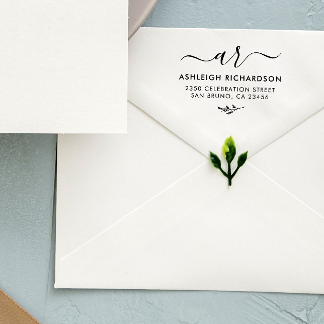 Elegante Skriptinitialen | Botanische Rücksendeadr Permastempel (Von Creator hochgeladen)