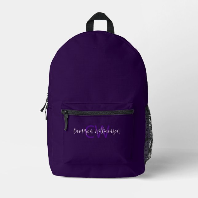 Elegante Skripttypinitialen und Name Deep Violet Bedruckter Rucksack (Vorderseite)