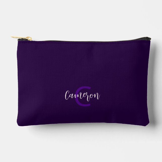 Elegante Skripttypinitialen und Name Deep Violet Zubehörtasche (Vorderseite)