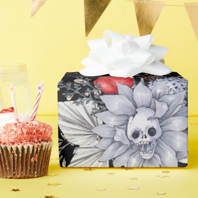 Elegante Skull Rose Coffin Silver Black Geschenkpapier (Geburtstagsparty)