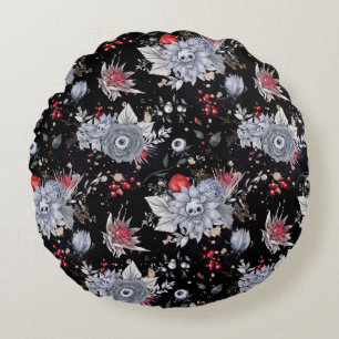 Elegante Skull Rose Coffin Silver Black Rundes Kissen