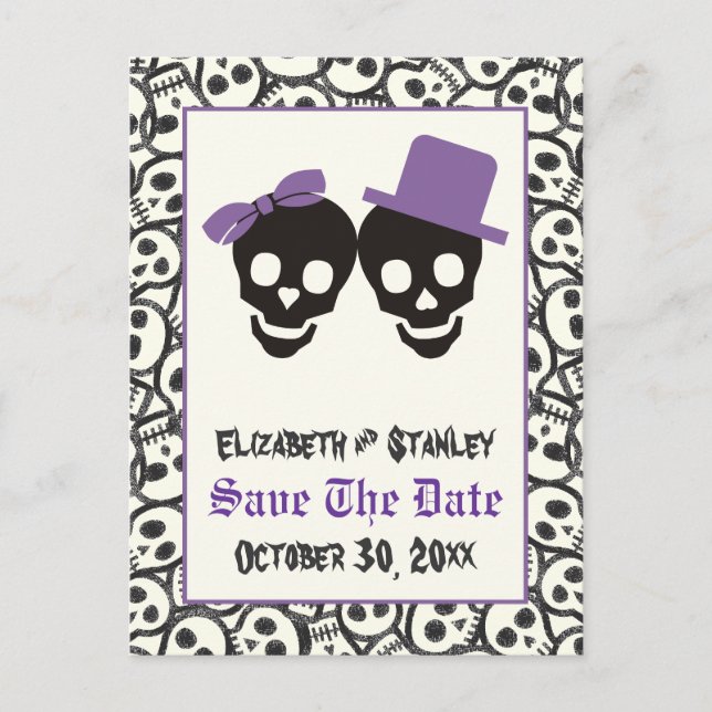 Elegante Skulls Halloween Hochzeit Save the Date Ankündigungspostkarte (Vorderseite)