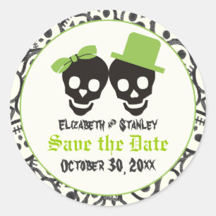 Elegante Skulls Halloween Hochzeit Save the Date Runder Aufkleber