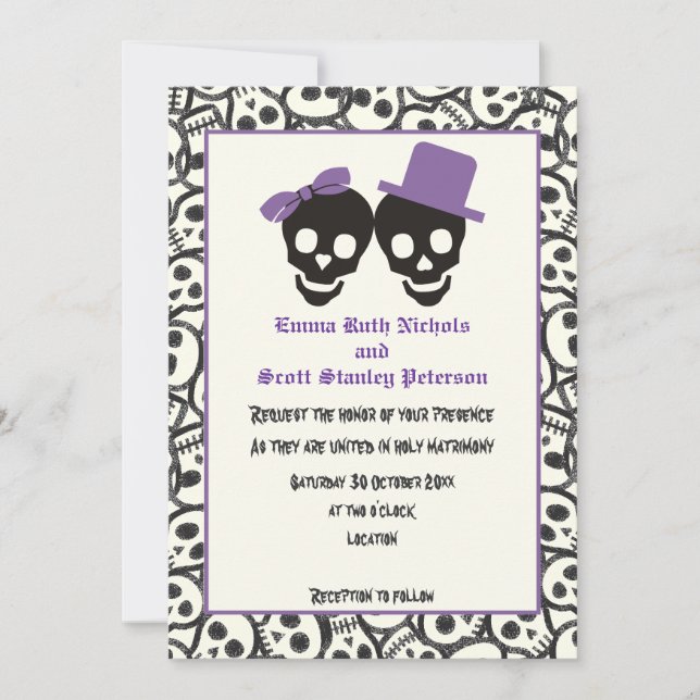 Elegante Skulls Halloween lila Hochzeitseinladung Einladung (Vorderseite)