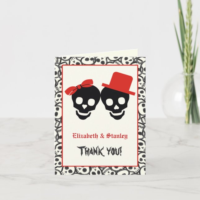 Elegante Skulls Halloween rote Hochzeit Danke (Vorderseite)