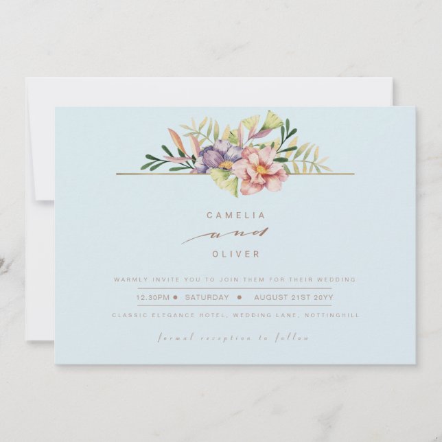 Elegante Sky Blue Summer Floral Wedding Einladung  (Vorderseite)
